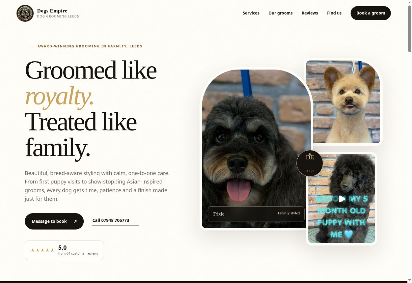 Dogs Empire homepage showing the grooming hero, customer imagery and booking call to action