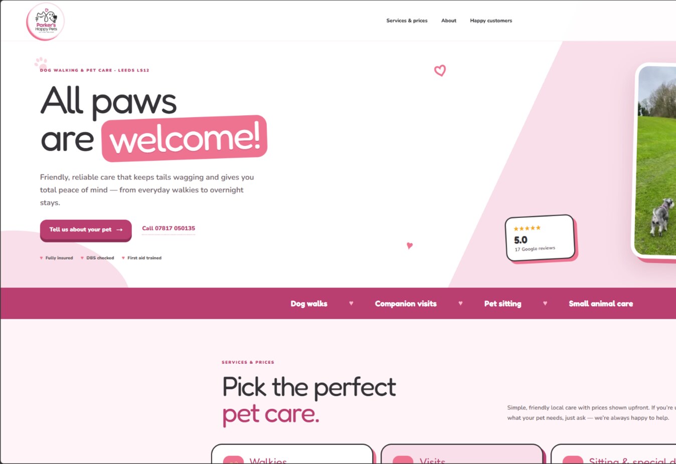 Parker's Happy Pets homepage showing the pink pet-care hero, service navigation and trust details