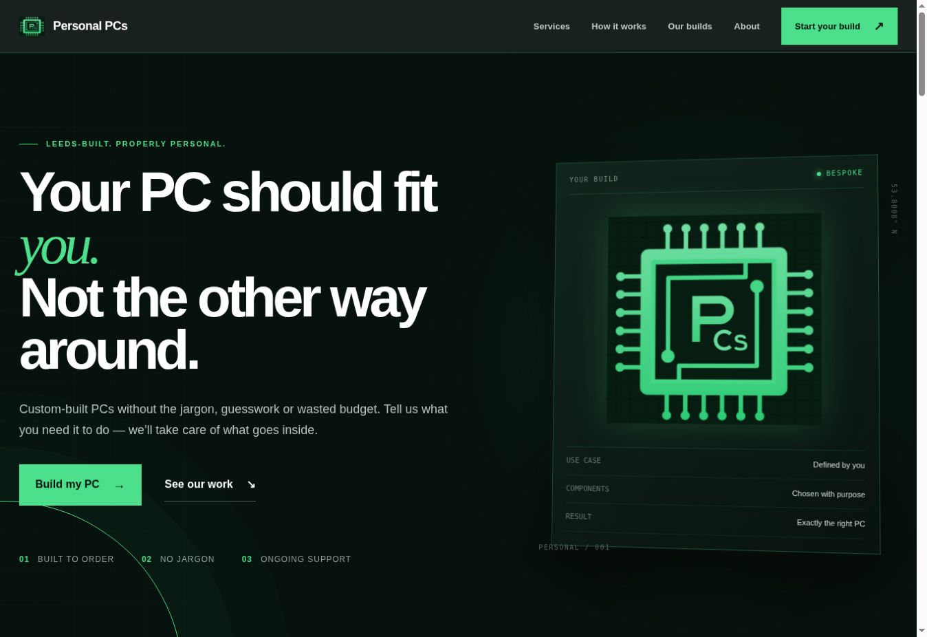 Personal PCs homepage showing its bespoke PC hero, navigation and build call to action