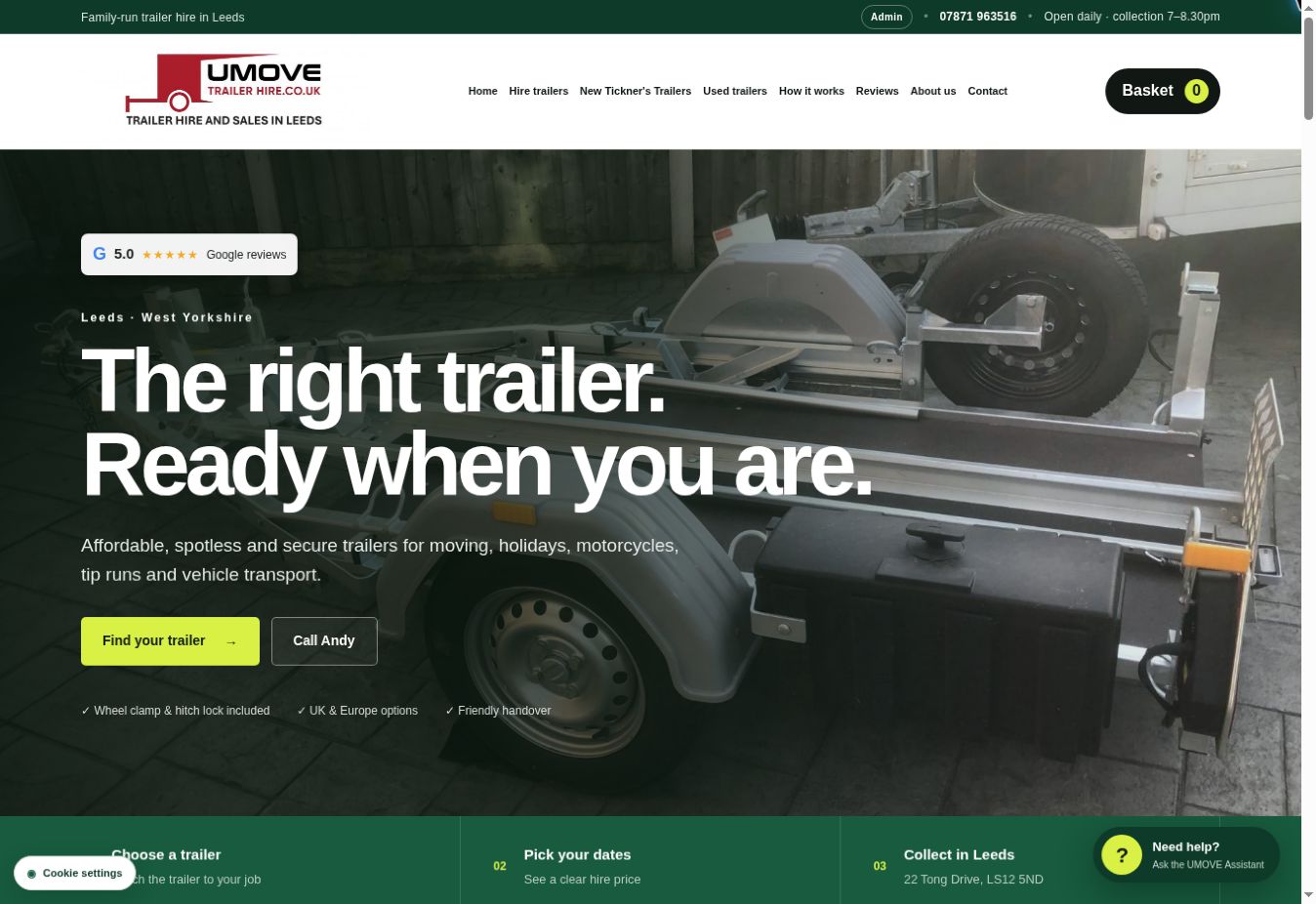 UMOVE Trailer Hire homepage showing the trailer-hire hero, navigation and customer call to action